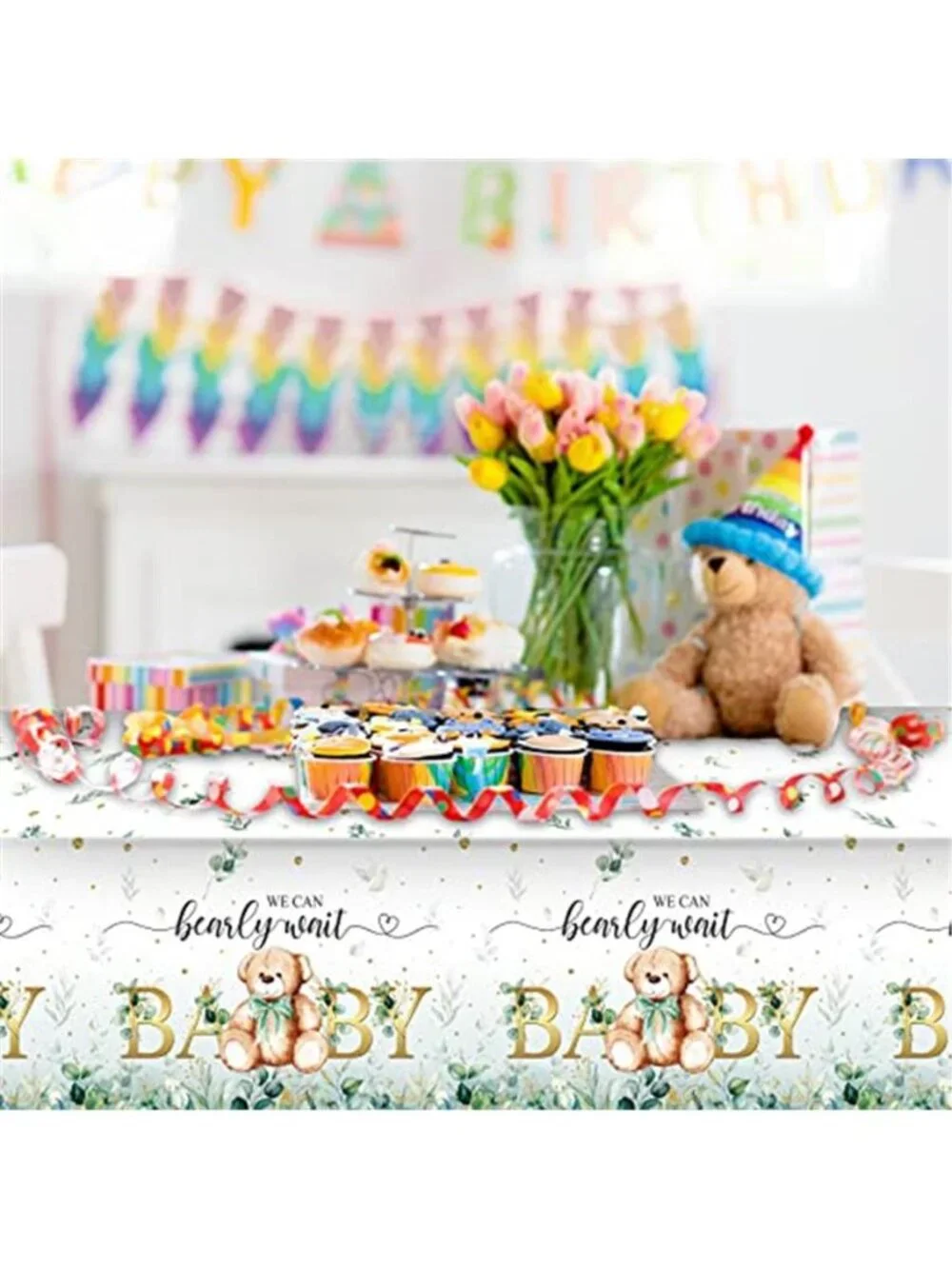 Bear Baby Shower Tablecloth Green Plastic Table Cover Boy Party Decorations 3 Pk